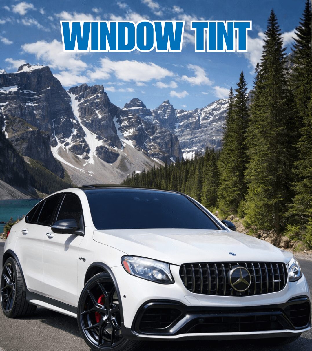 White Mercedes performance SUV with tinted windows and black wheels, outdoor mountain backdrop, Tint Plus Auto Glass in Hanford.